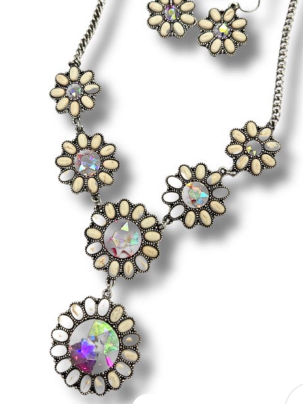 Trendy boutique Cream Floral Aurora Crystal Necklace Set